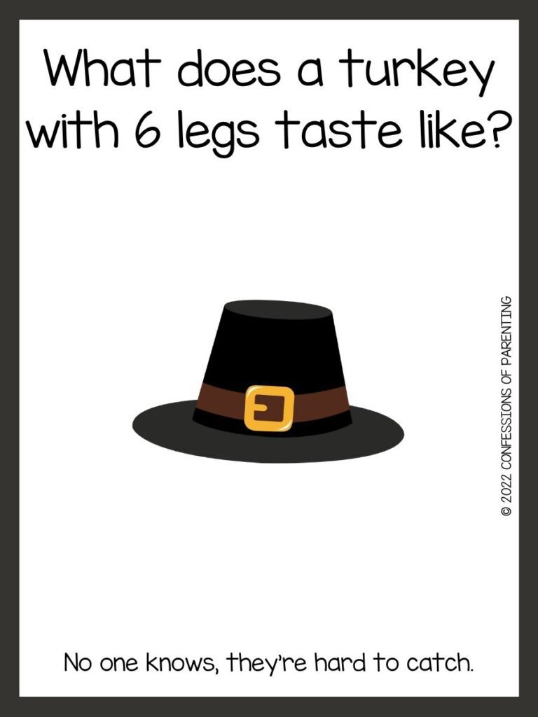 White background with brown border; black writing with Thanksgiving riddles. Black pilgrim hat.