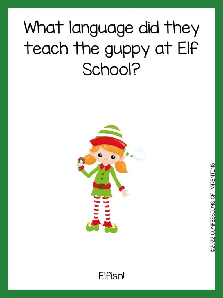 White background with green border, black words telling elf jokes. Elf with red and green hat and coat
