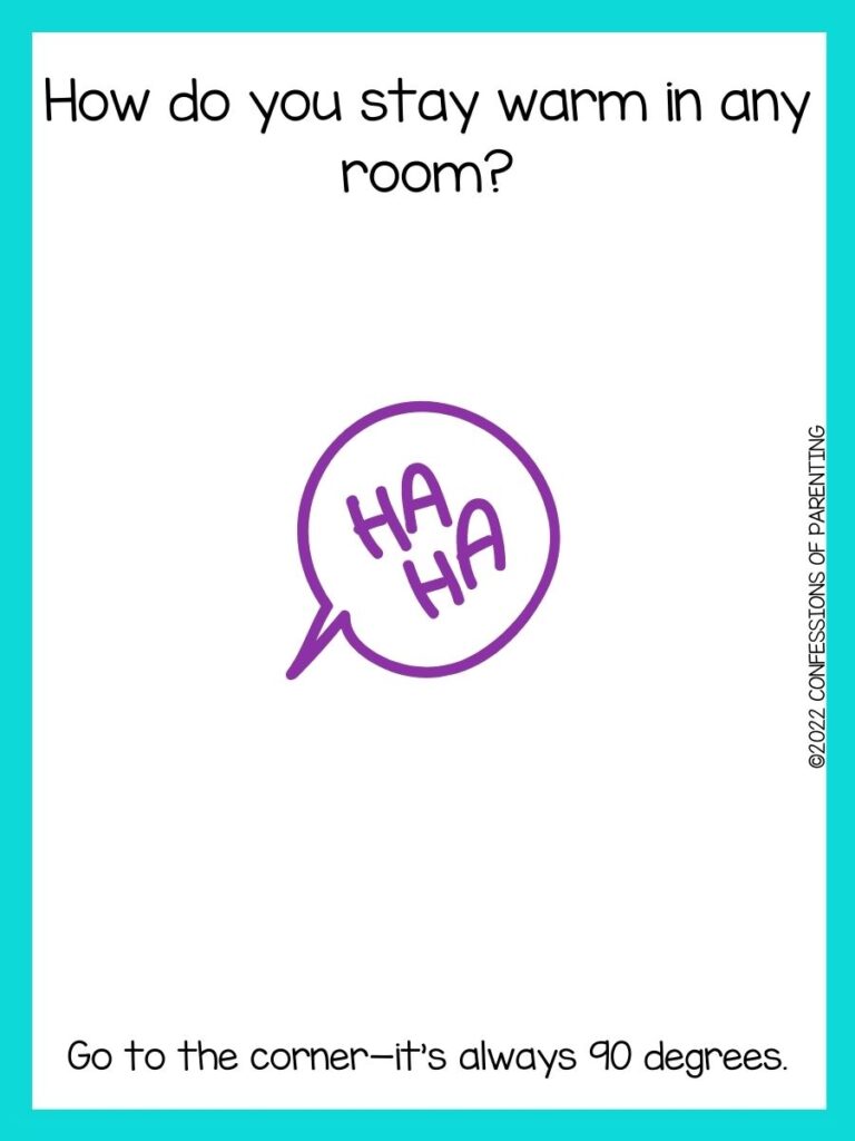 white background with turquoise border and purple speaking bubble that says "ha, ha."