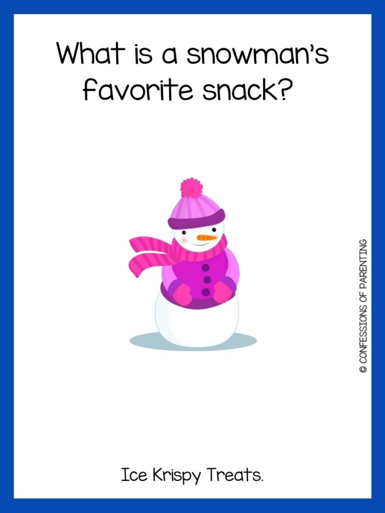 White background with blue border. black writing telling snow joke. snowman with pink and purple hat, scarf and sweater