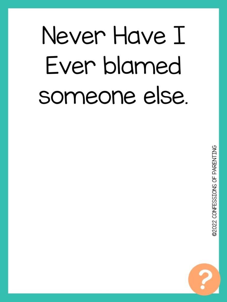 1000 Never have I ever questions on white background, turquoise border, and light orange question marks.