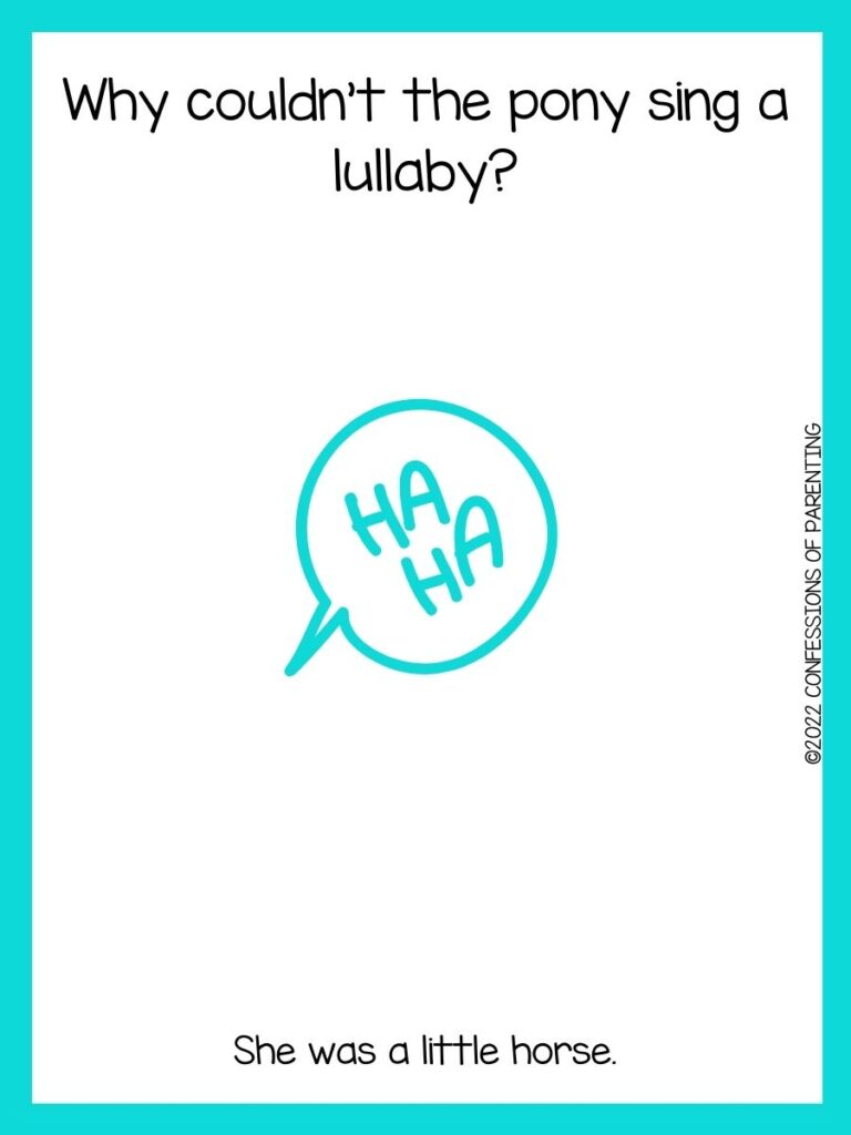 white background with turquoise border and turquoise speaking bubble that says "ha, ha."