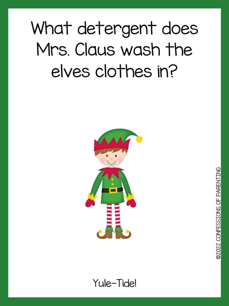 White background with green border, black words telling elf jokes. Elf with red and green hat and coat