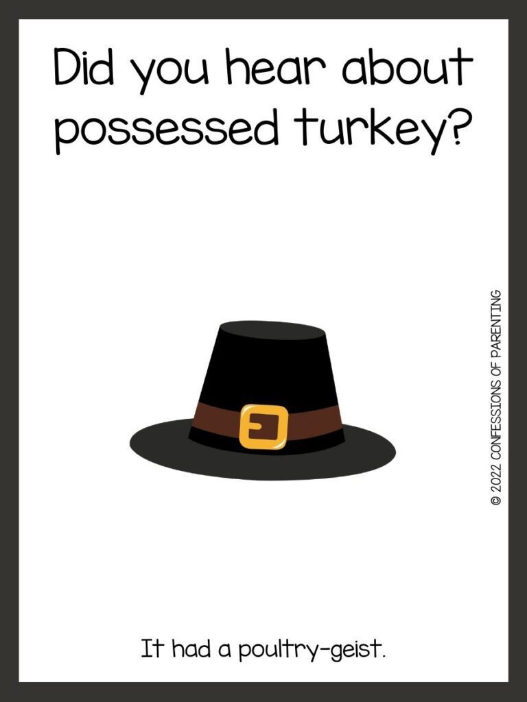 White background with brown border; black writing with Thanksgiving riddles. Black pilgrms hat