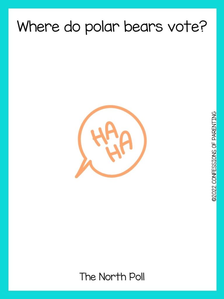 white background with turquoise border and orange speaking bubble that says "ha, ha."