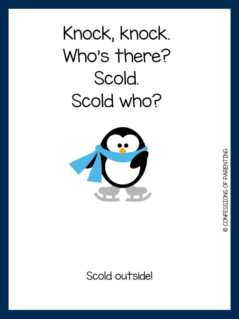 White background with blue border. Black and white penguin with blue scarf and ice skates. Black lettering saying winter joke.