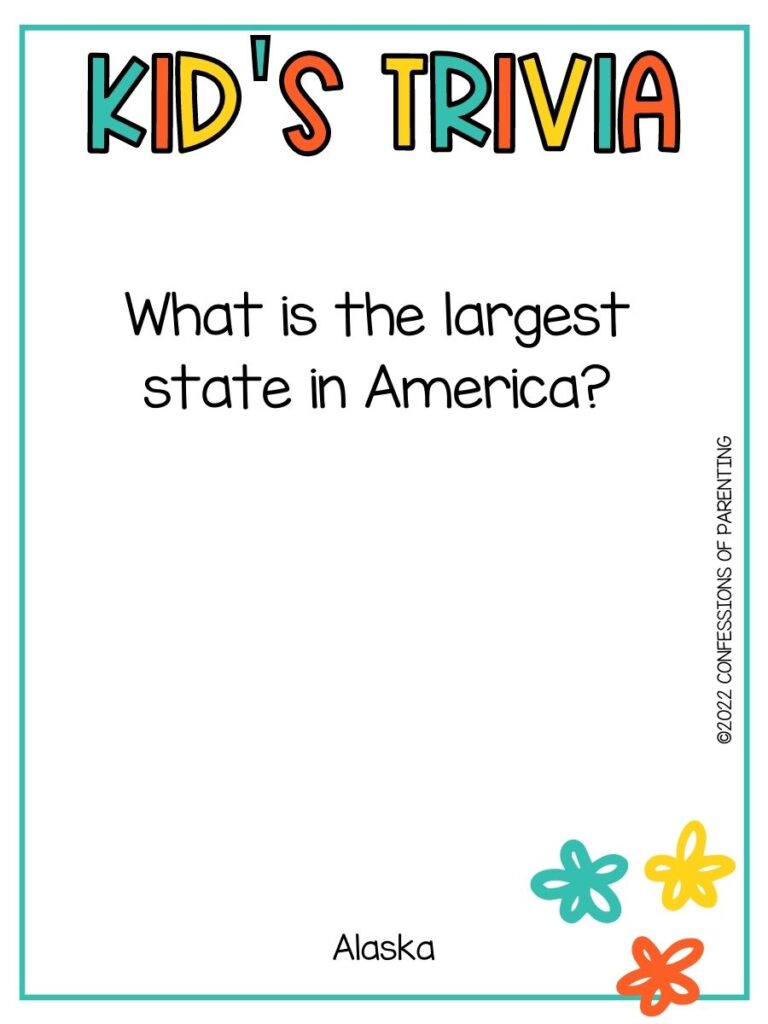 White background with turquoise border; colorful letters that say kid's trivia. Three flower, turquoise, yellow, and orange