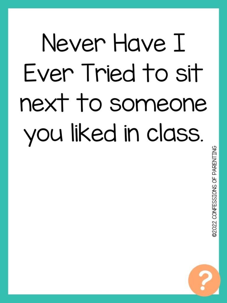 1000 Never have I ever questions on white background, turquoise border, and light orange question marks.