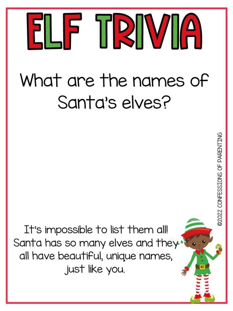 White background with red border, red and green letters spelling Elf Trivia. Black lettering spelling elf trivia questions. Elf with red and green hat and coat