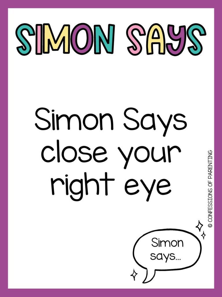 White background with purple border. Colorful lettering saying Simon Says. Black lettering saying Simon says ideas and black talking bubble that says Simon says inside