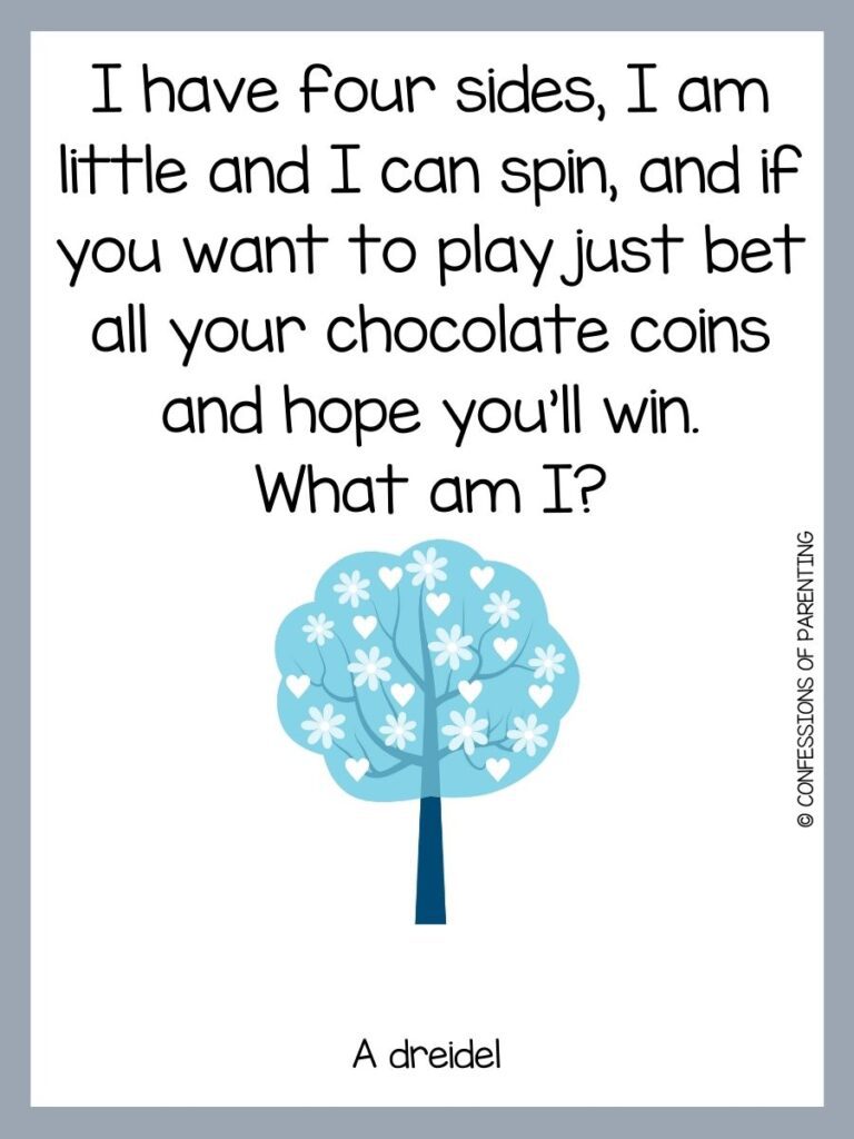 White background with grey border and a blue tree with white hearts and flowers. Black writing that says winter riddle