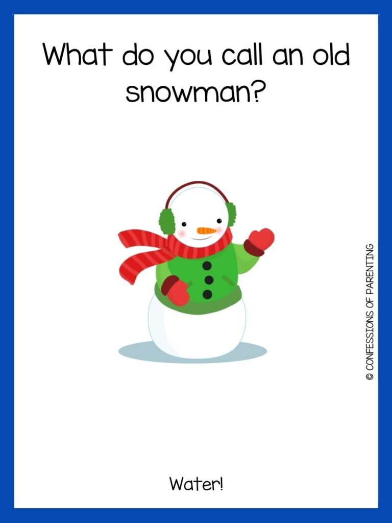White background with blue border. Snowman with red scarf and green sweater. Black letters saying snowman jokes