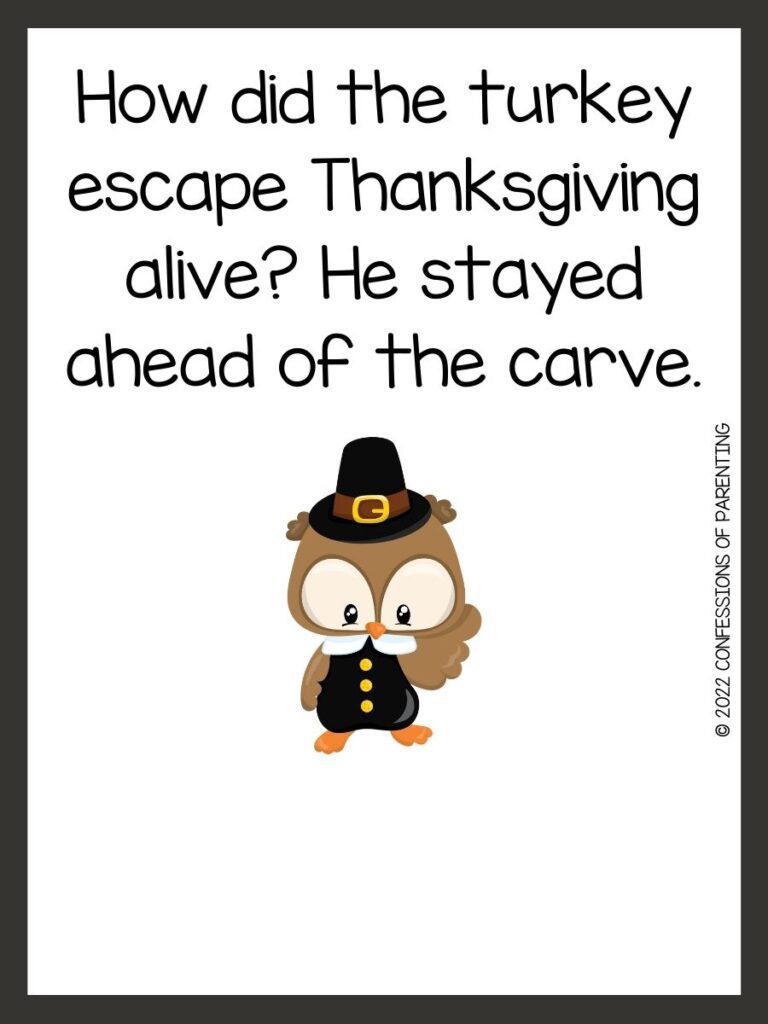 White background with brown border; black writing with Thanksgiving riddles. Brown owl with black hat and suit.