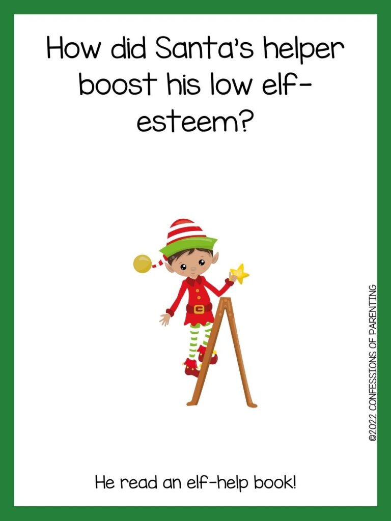 White background with green border, black words telling elf jokes. Elf with red and green hat and coat standing on a ladder
