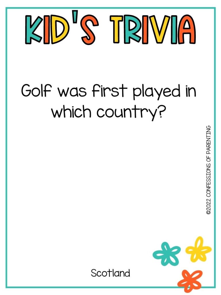 White background with turquoise border; colorful letters that say kid's trivia. Three flower, turquoise, yellow, and orange