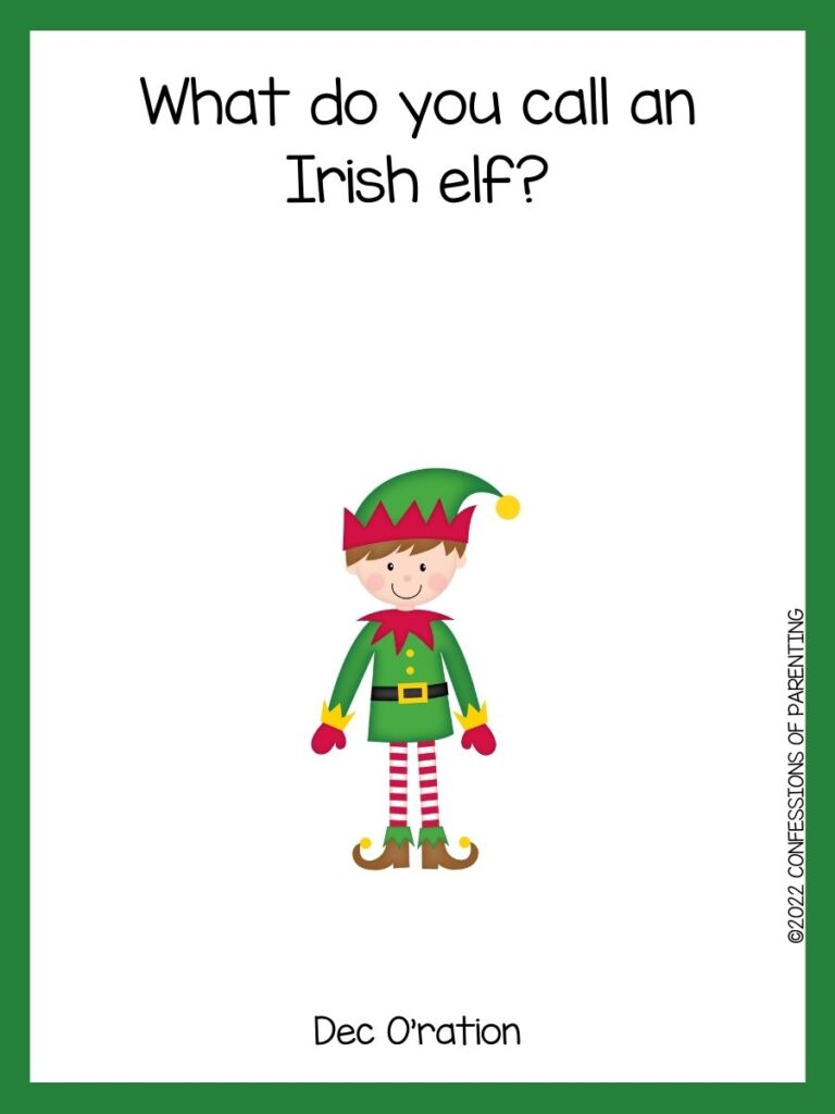 White background with green border, black words telling elf jokes. Elf with red and green hat and coat