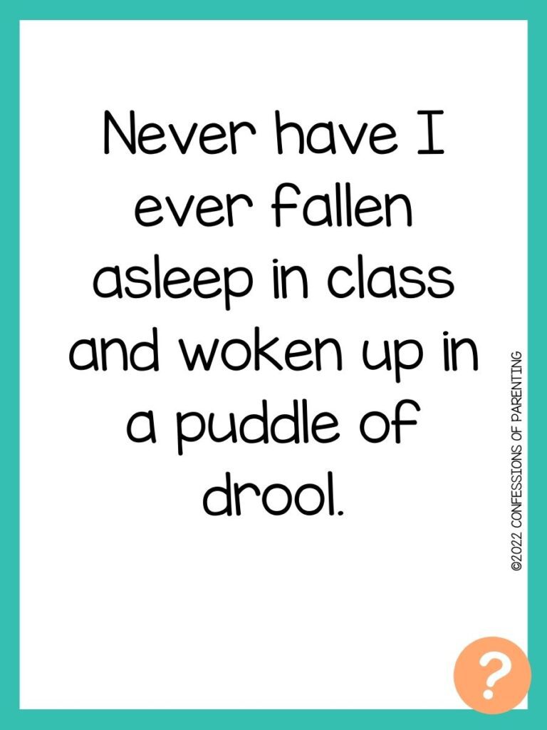 1000 Never have I ever questions on white background, turquoise border, and light orange question marks.