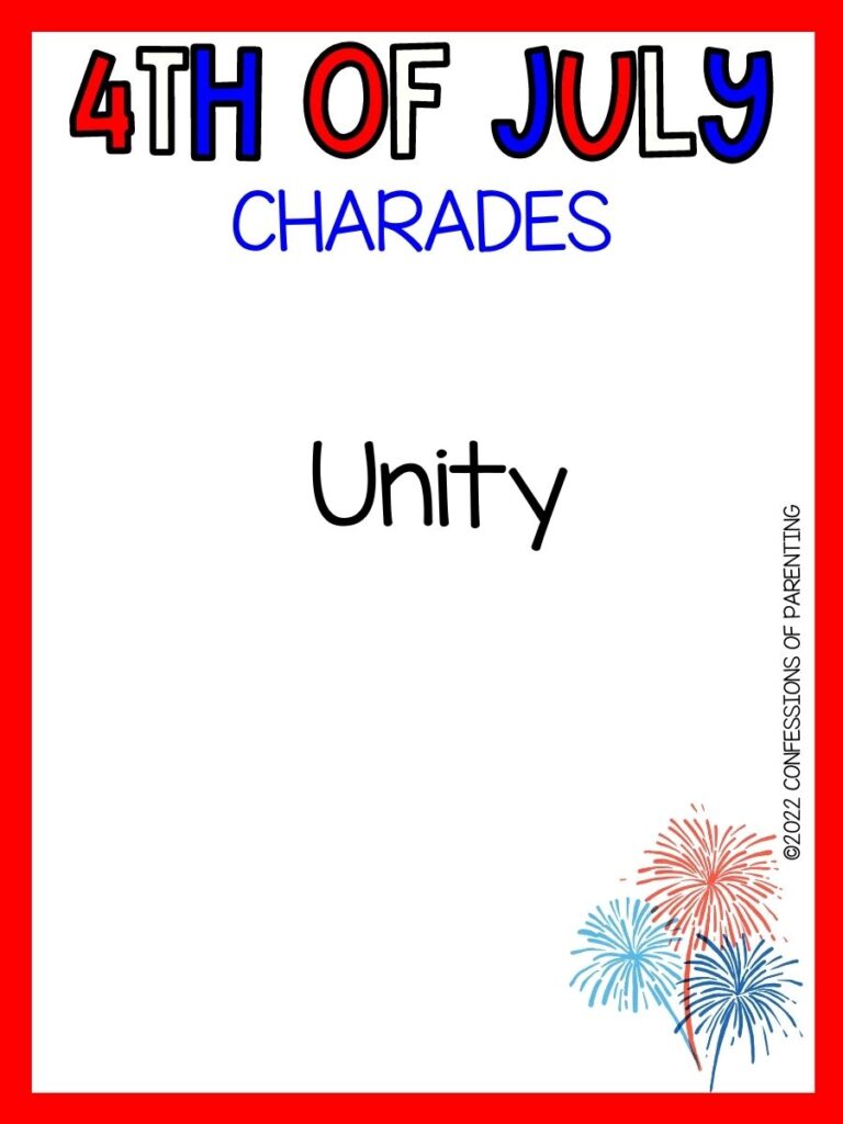 4th of July charades title in red, white and blue with charades idea and image of fireworks on white background with red border 