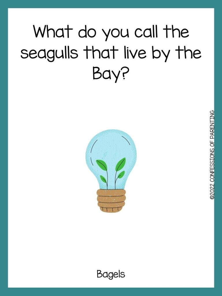 white background with blue border, picture of a light bulb with two green plants inside; earth day joke for kids