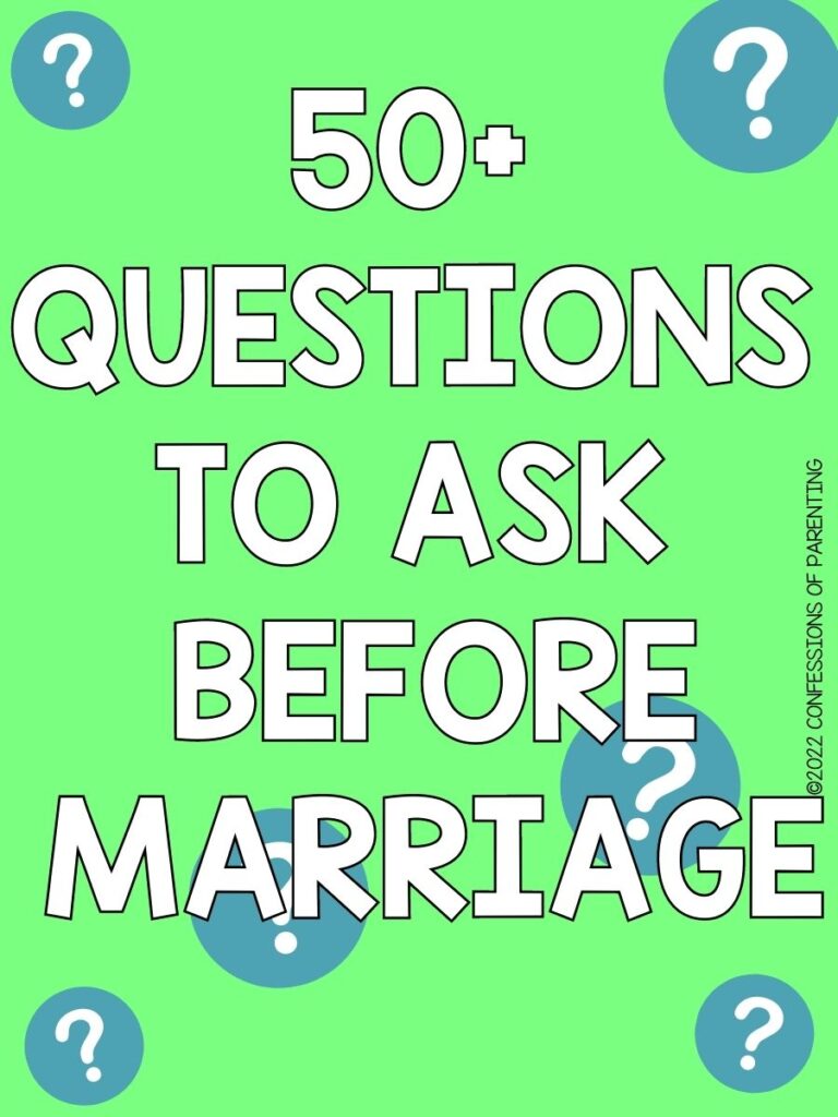 Questions to ask before marriage on a lime green background with turquoise question marks. 