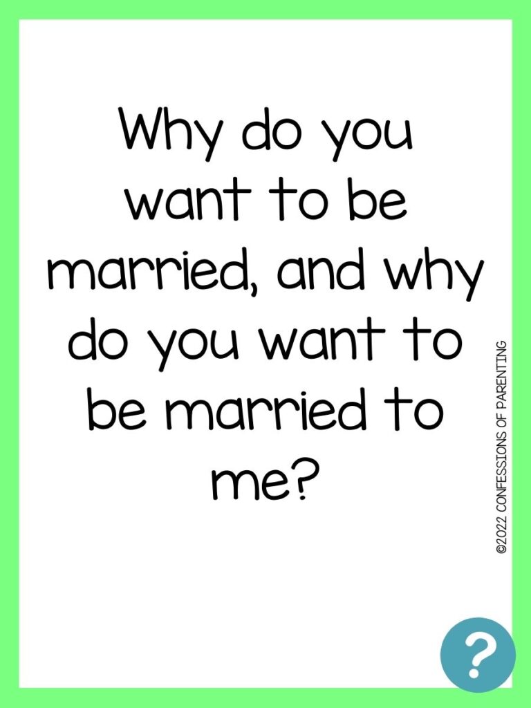 Question before getting married on white background, lime green border, and a turquoise question mark. 