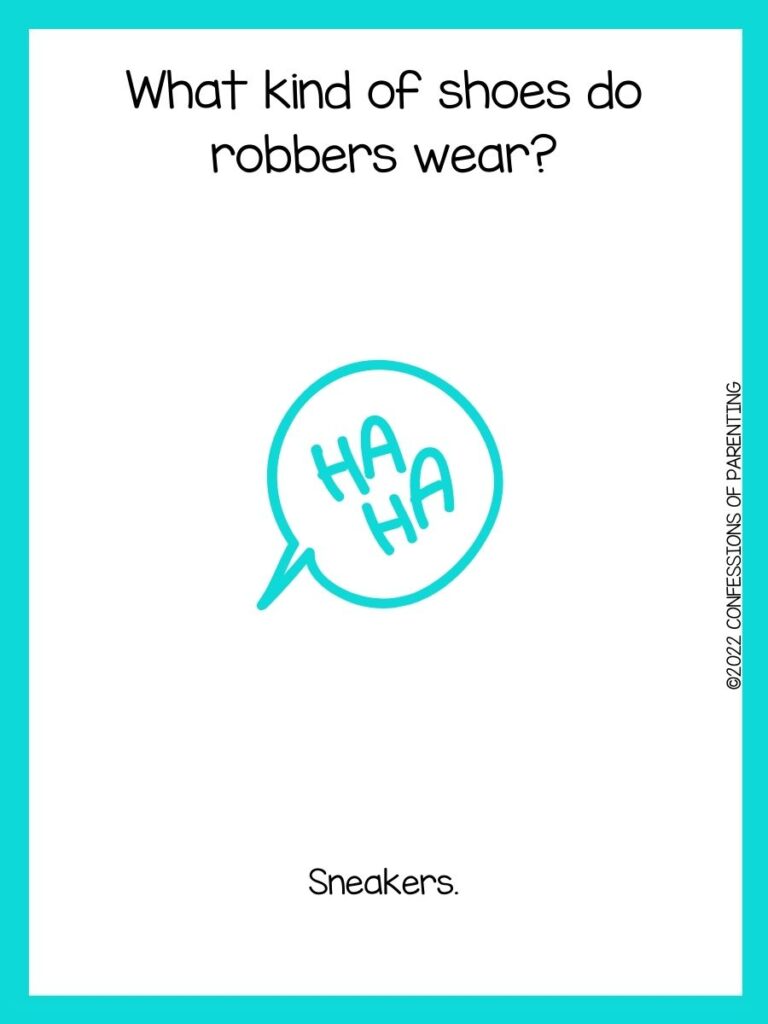 white background with turquoise border and speaking bubble that says "ha, ha."