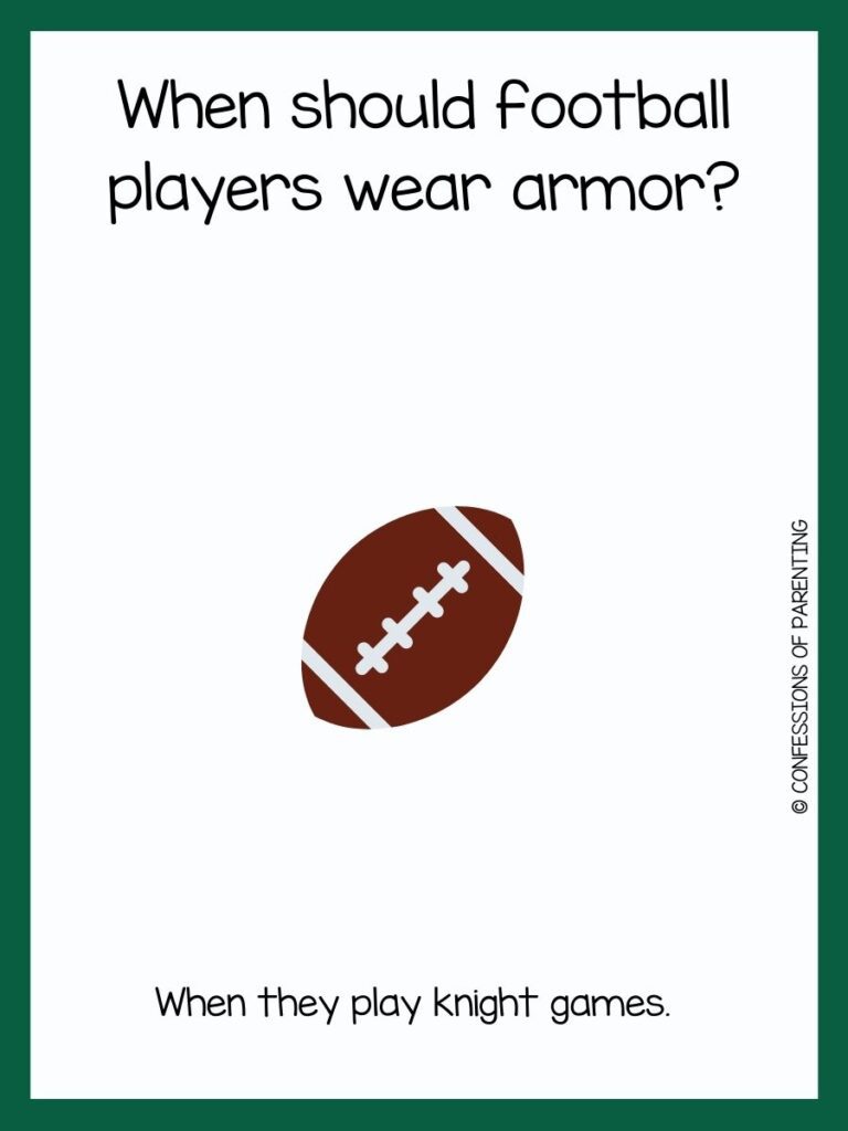 white background with green border, brown and white football; football jokes for kids