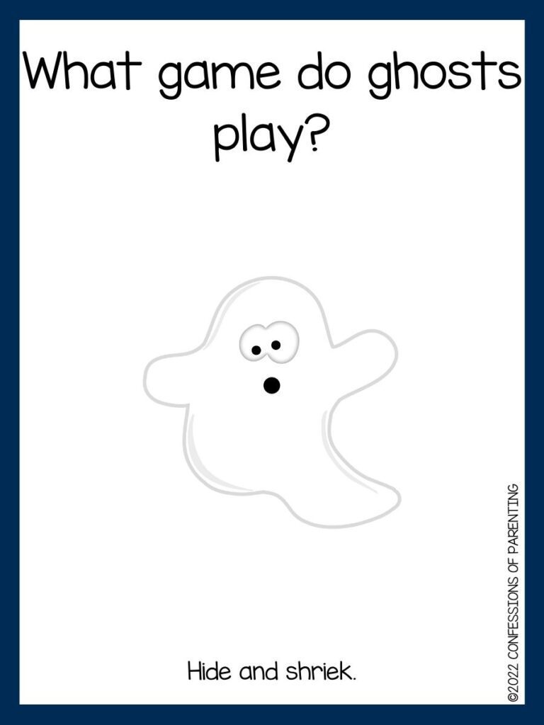 white background with blue border, white ghost with ghost jokes for kids