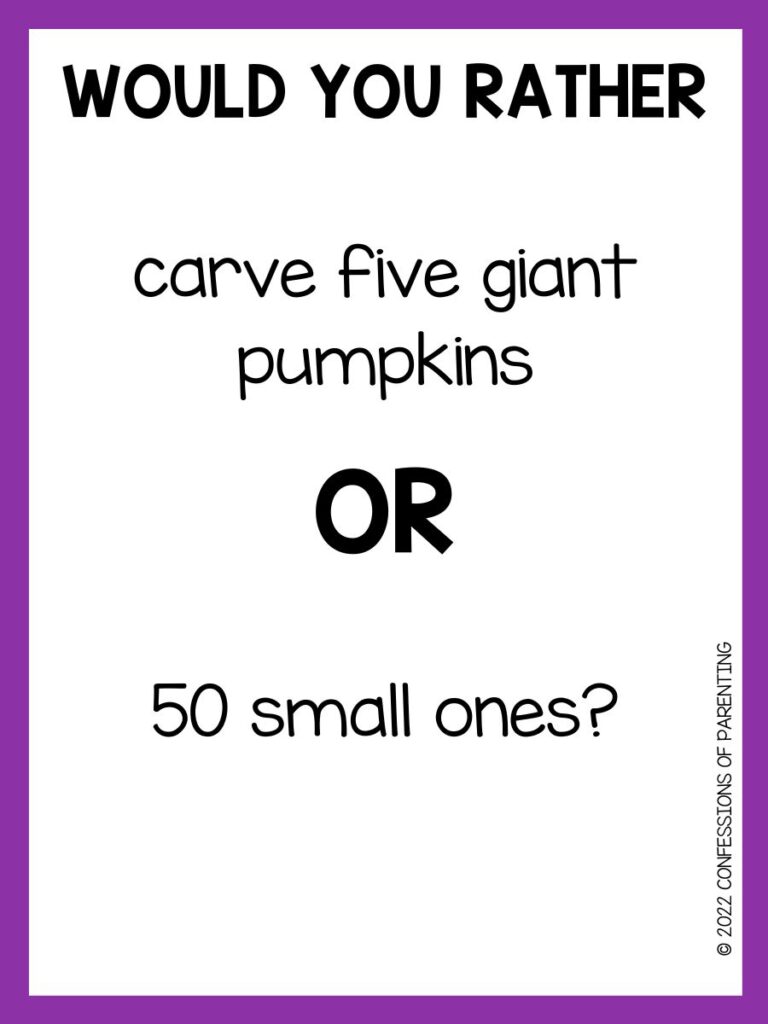 White background with purple border, Black letters asking halloween would you rather question