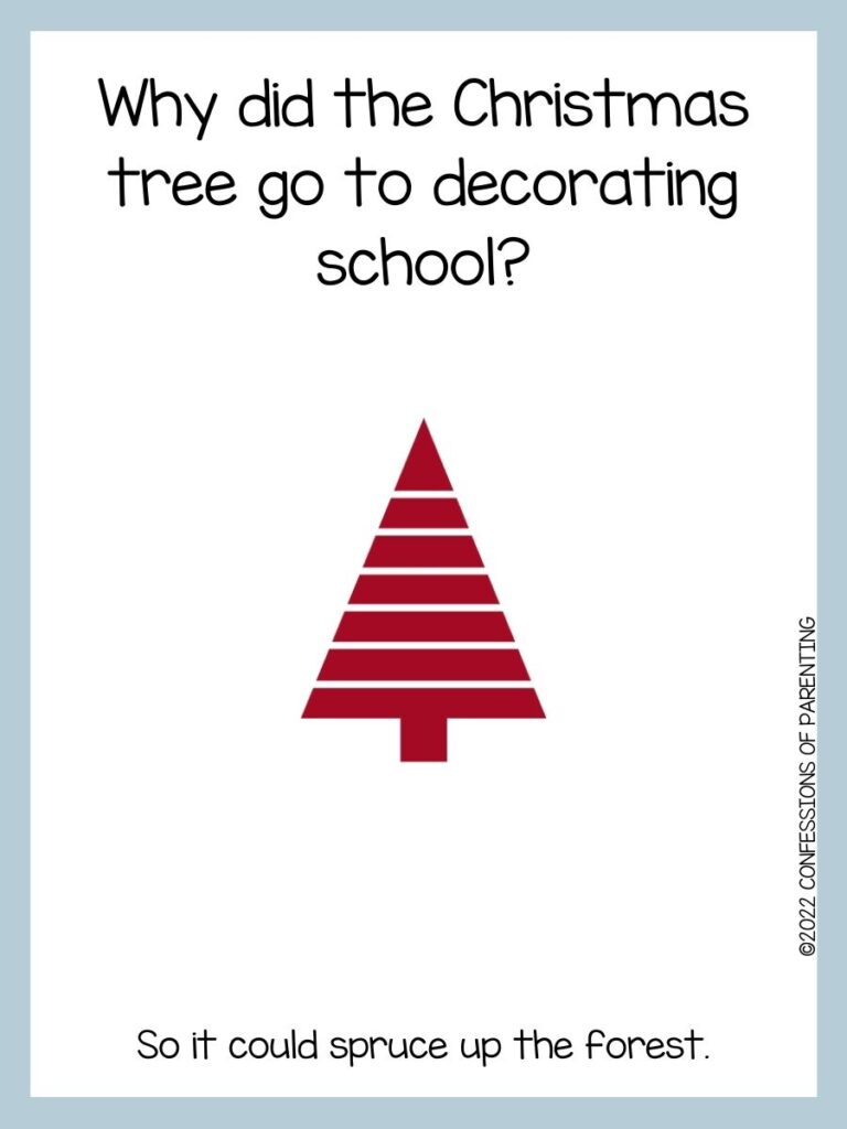 White background with blue border; red white stripes christmas tree; Christmas tree joke
