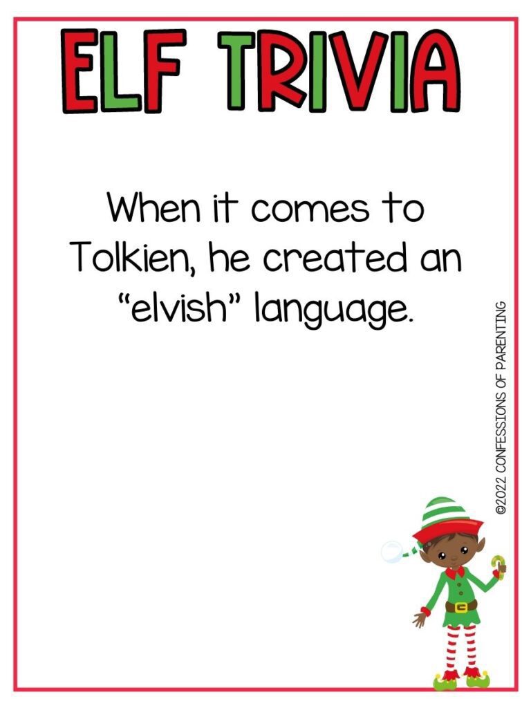 White background with red border, red and green letters spelling Elf Trivia. Black lettering spelling elf trivia questions. Elf with red and green hat and coat