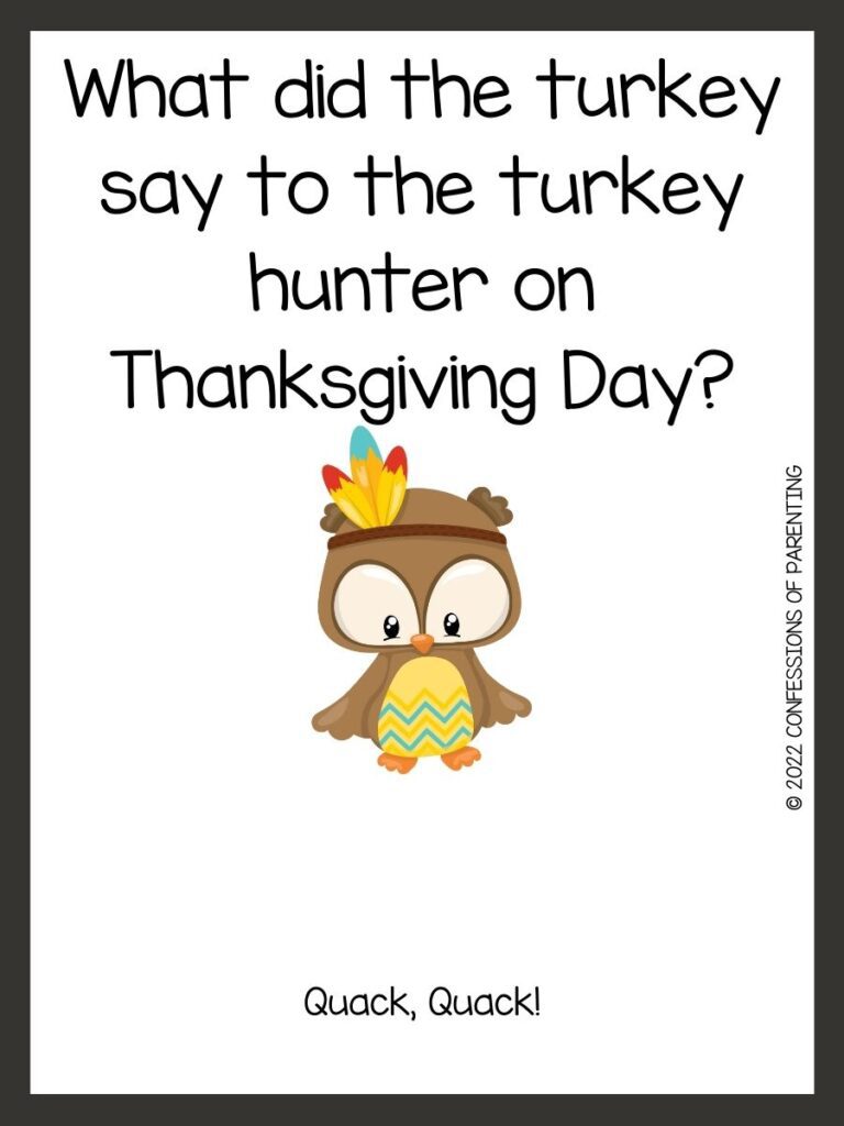 White background with brown border; black writing with Thanksgiving riddles. Brown owl with colorful headband