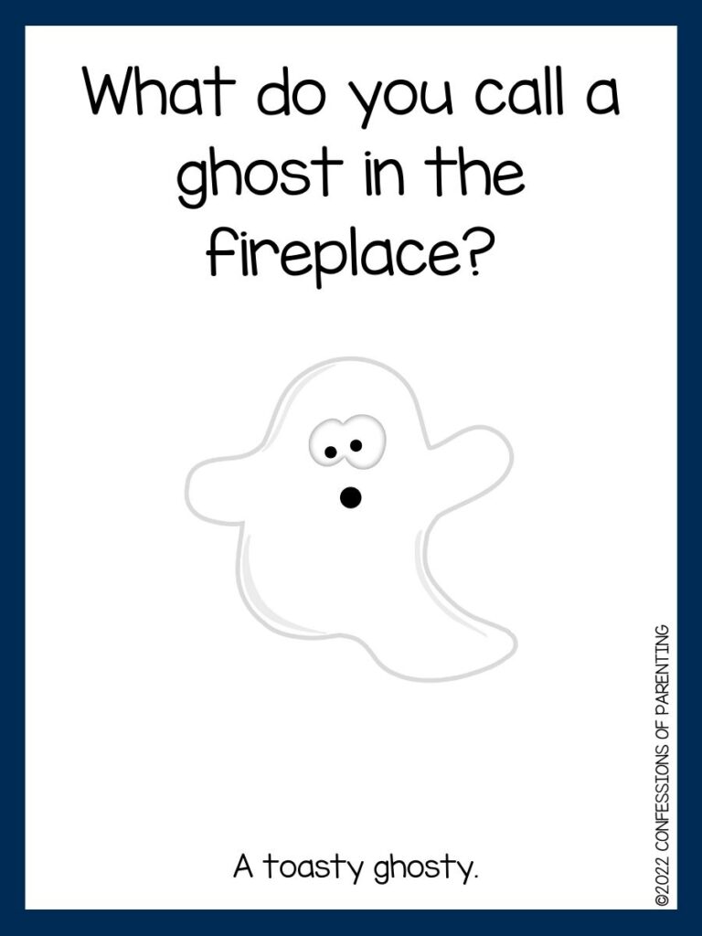 white background with blue border, white ghost with ghost jokes for kids