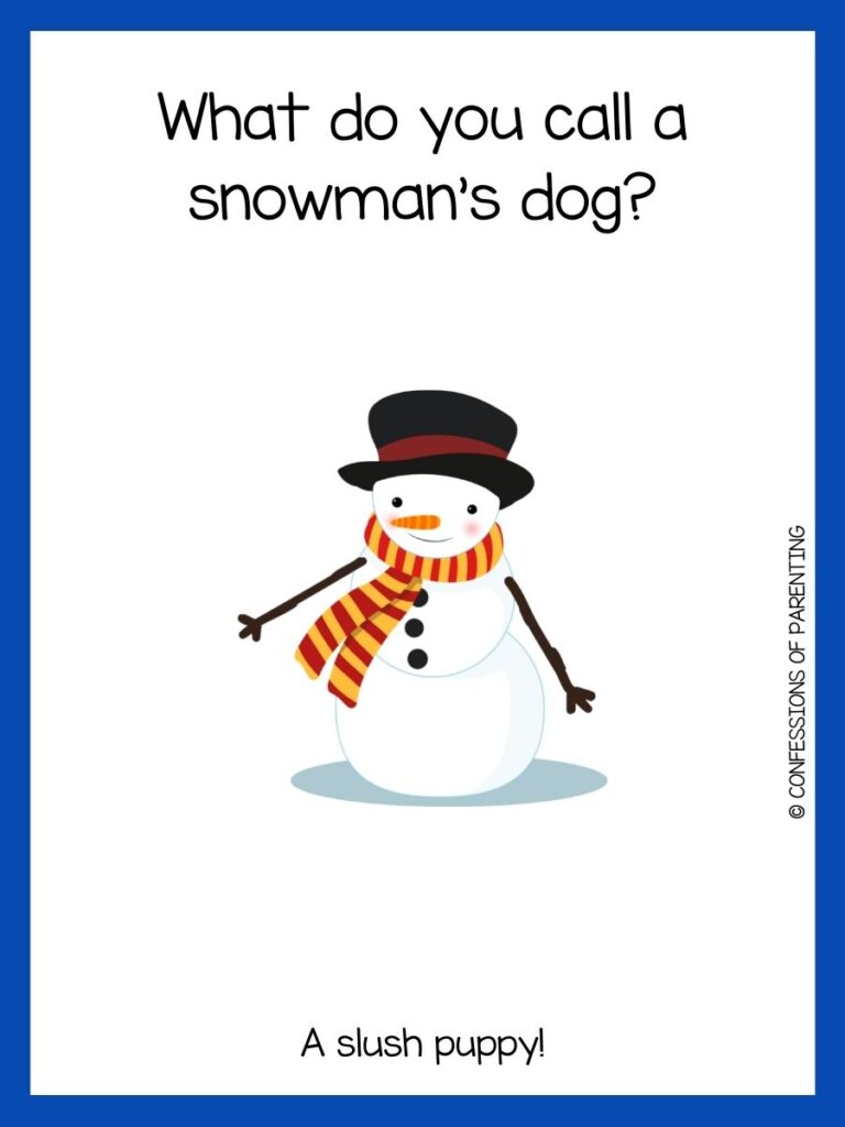 White background with blue border. Snowman with black hat and red and yellow scarf. Black letters saying snowman jokes