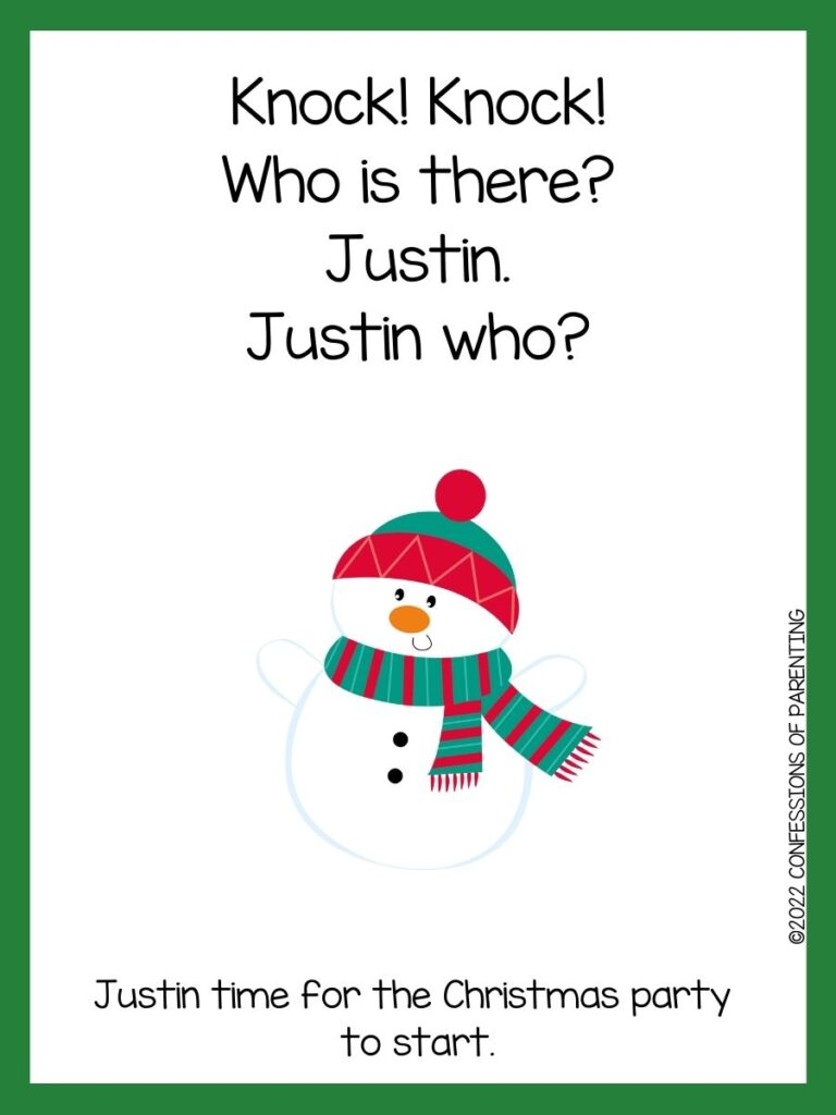 White background with green border. Black writing of Christmas knock knock jokes; snowman with green and red striped scarf, red and green hat and black buttons