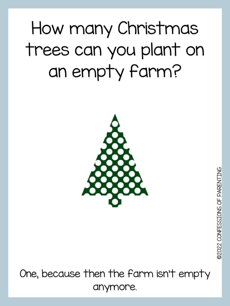 White background with blue border; green with white dots christmas tree; Christmas tree joke