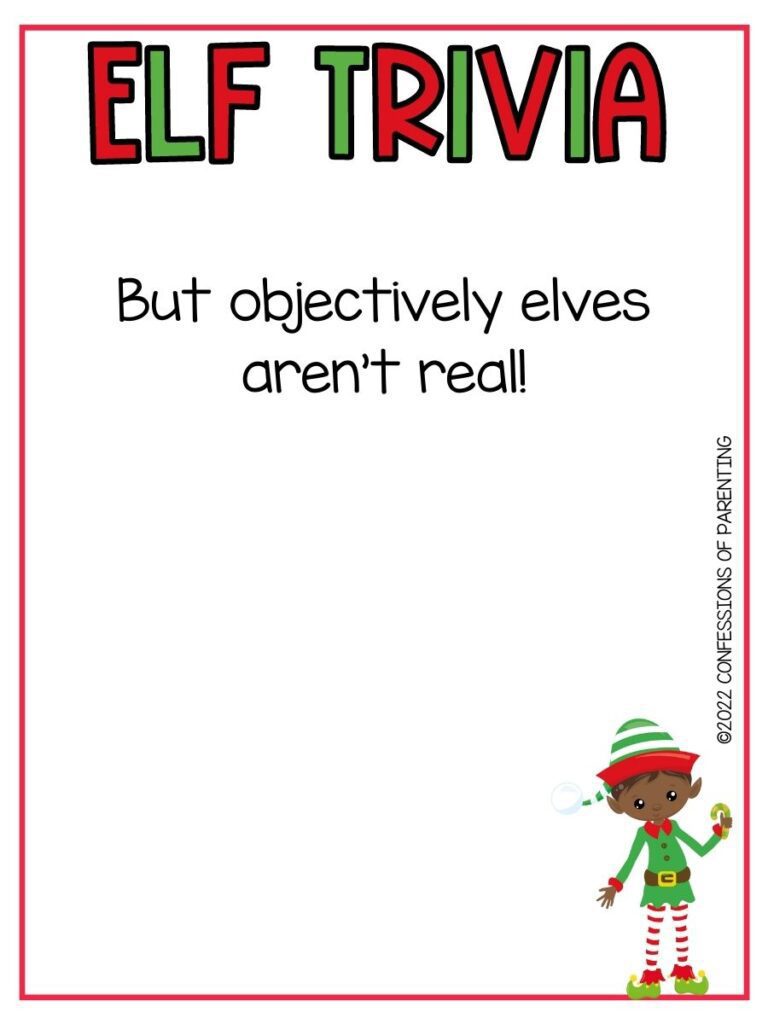 White background with red border, red and green letters spelling Elf Trivia. Black lettering spelling elf trivia questions. Elf with red and green hat and coat