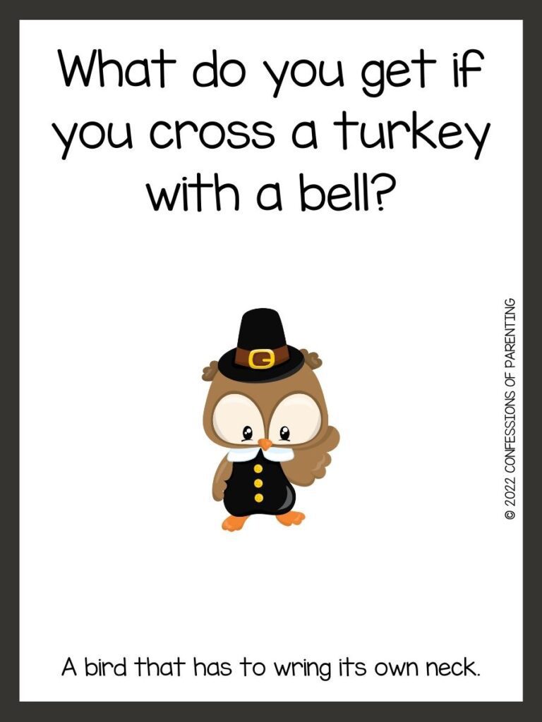 White background with brown border; black writing with Thanksgiving riddles. Brown owl with black hat and suit