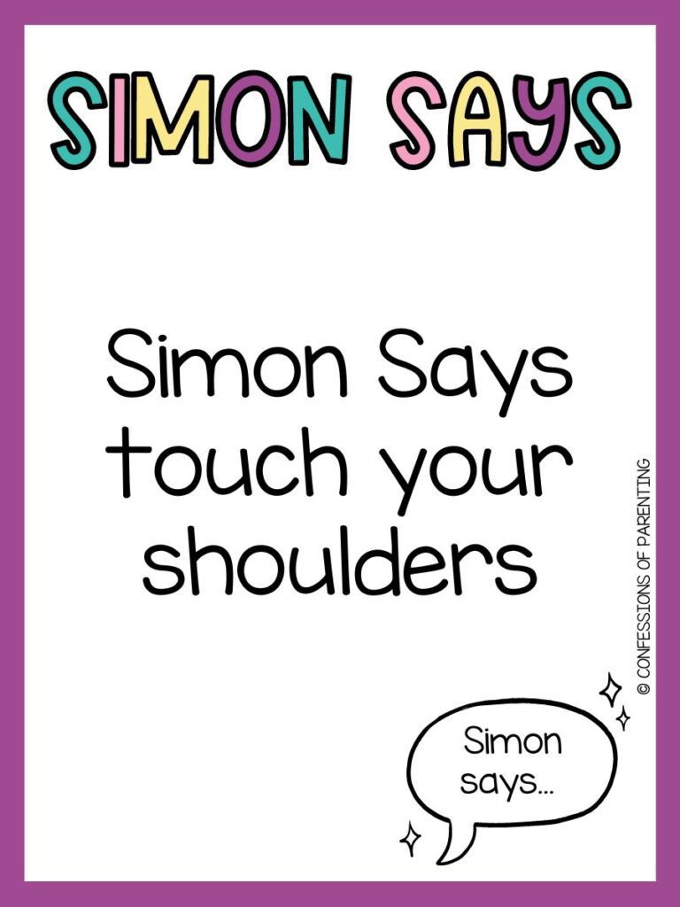 White background with purple border. Colorful lettering saying Simon Says. Black lettering saying Simon says ideas and black talking bubble that says Simon says inside