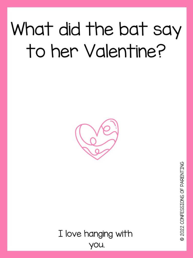 White background with pink border. Pink heart with swirls inside. Black lettering spelling Valentine riddle
