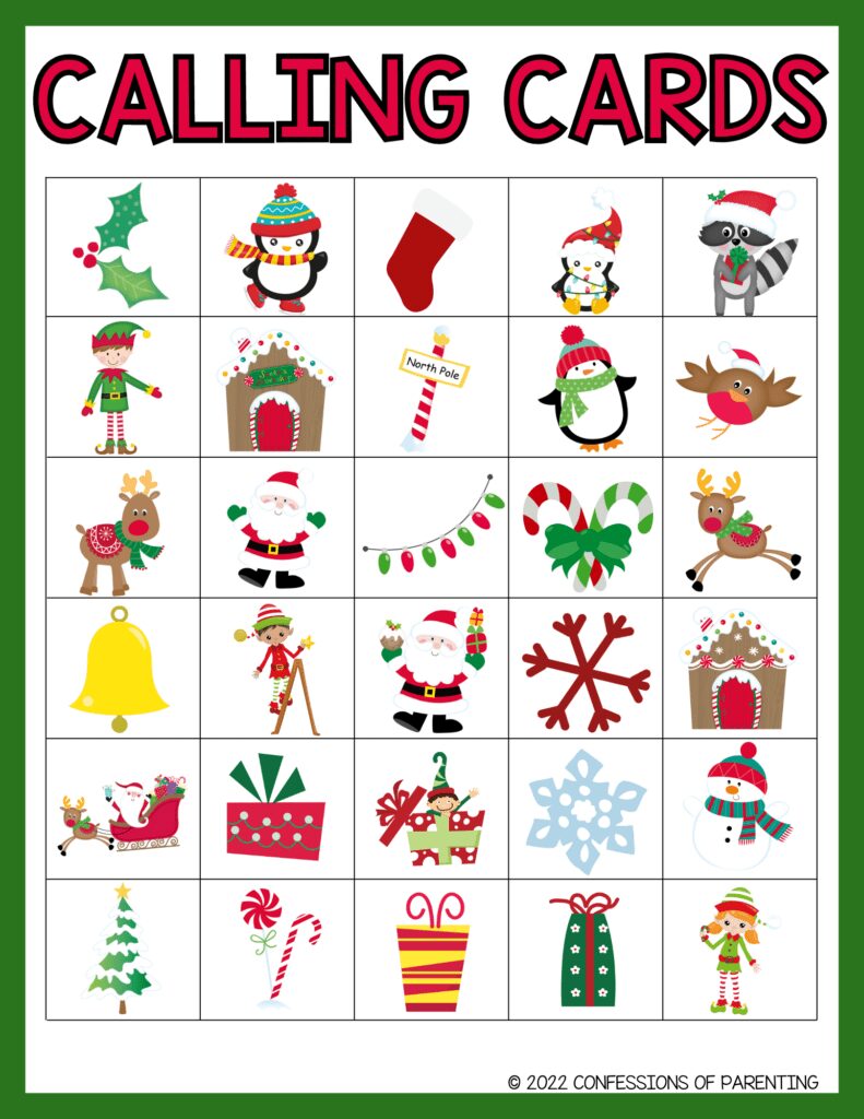 Christmas bingo calling card PDF with green border