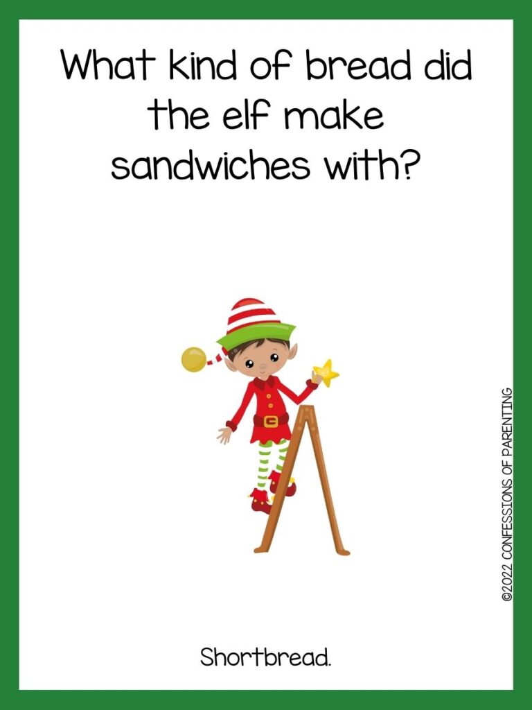 White background with green border, black words telling elf jokes. Elf with red and green hat and coat on ladder