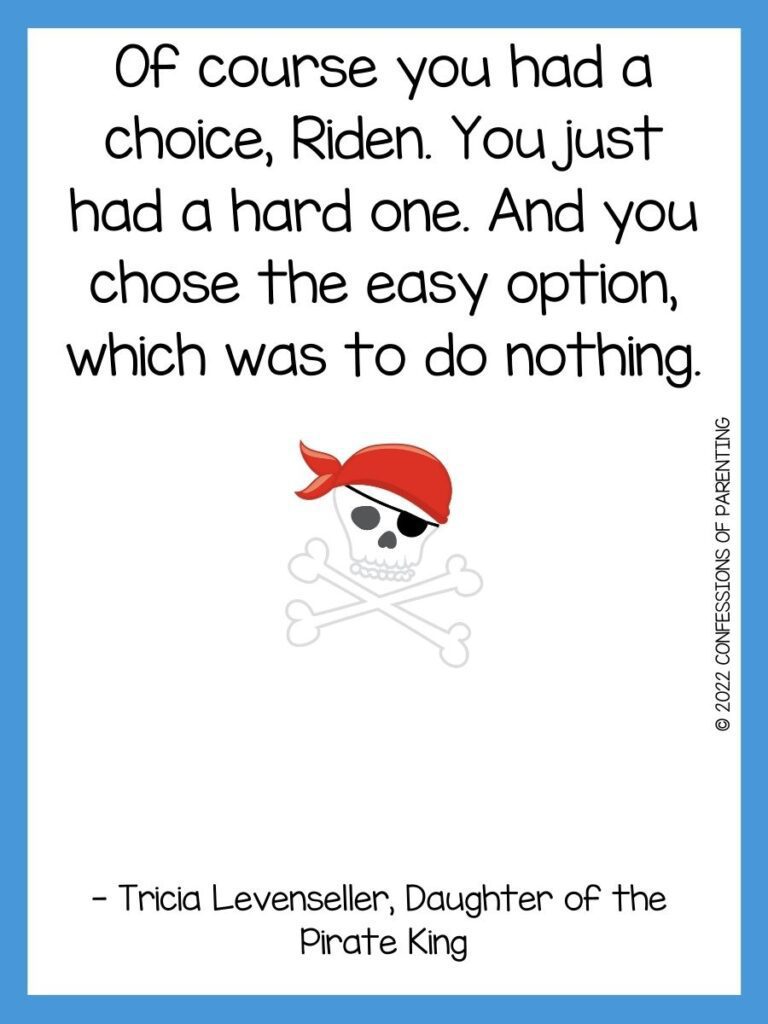 White background with blue border, black writing with pirate sayings for kids. skull and crossbones with red hat