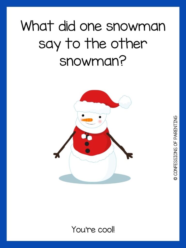 White background with blue border. Snowman with red hat and red sweater.  Black letters saying snowman jokes