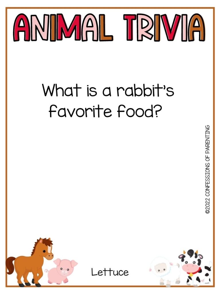 Colorful Animal Trivia title with trivia question and various farm animals on white background with thin brown border 