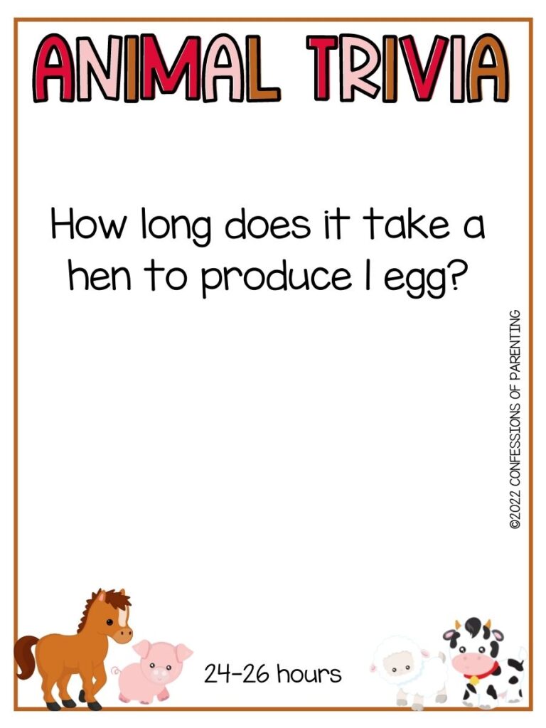 Colorful Animal Trivia title with trivia question and various farm animals on white background with thin brown border
