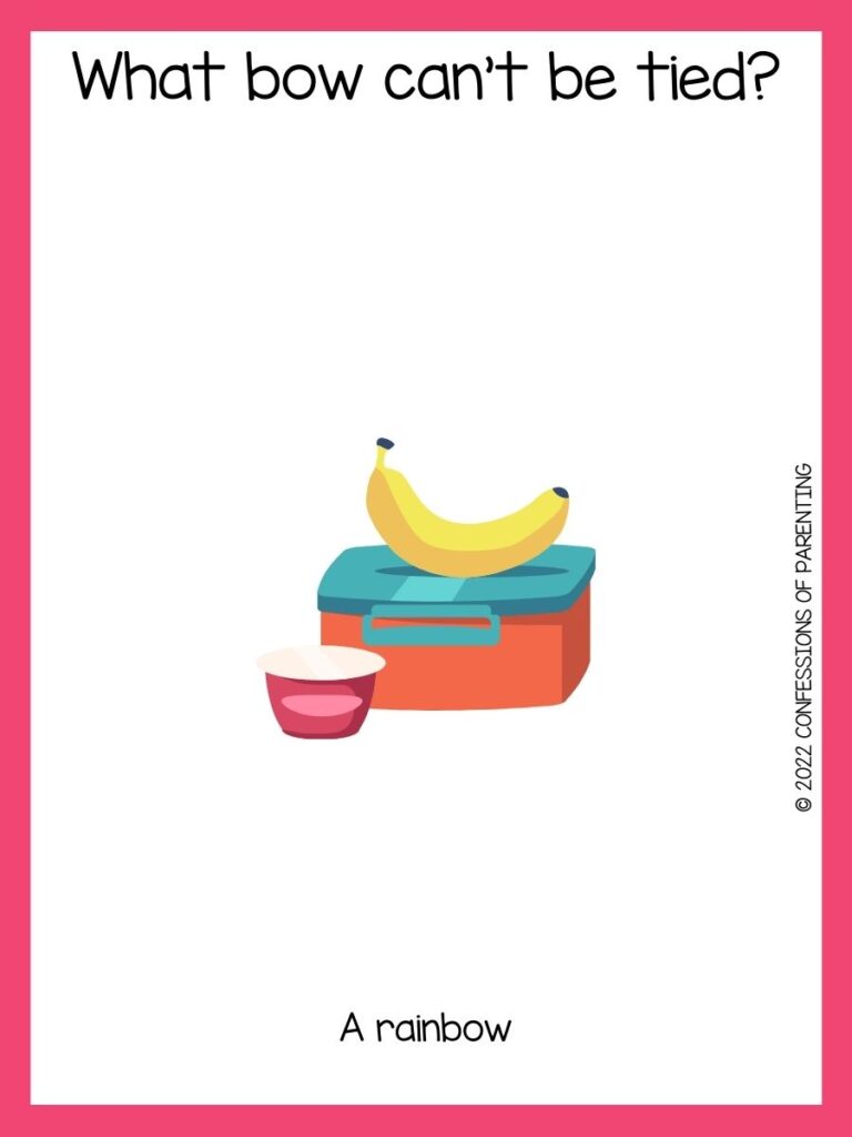 lunch box with a banana on top with a lunch box joke on a white background with a pink border