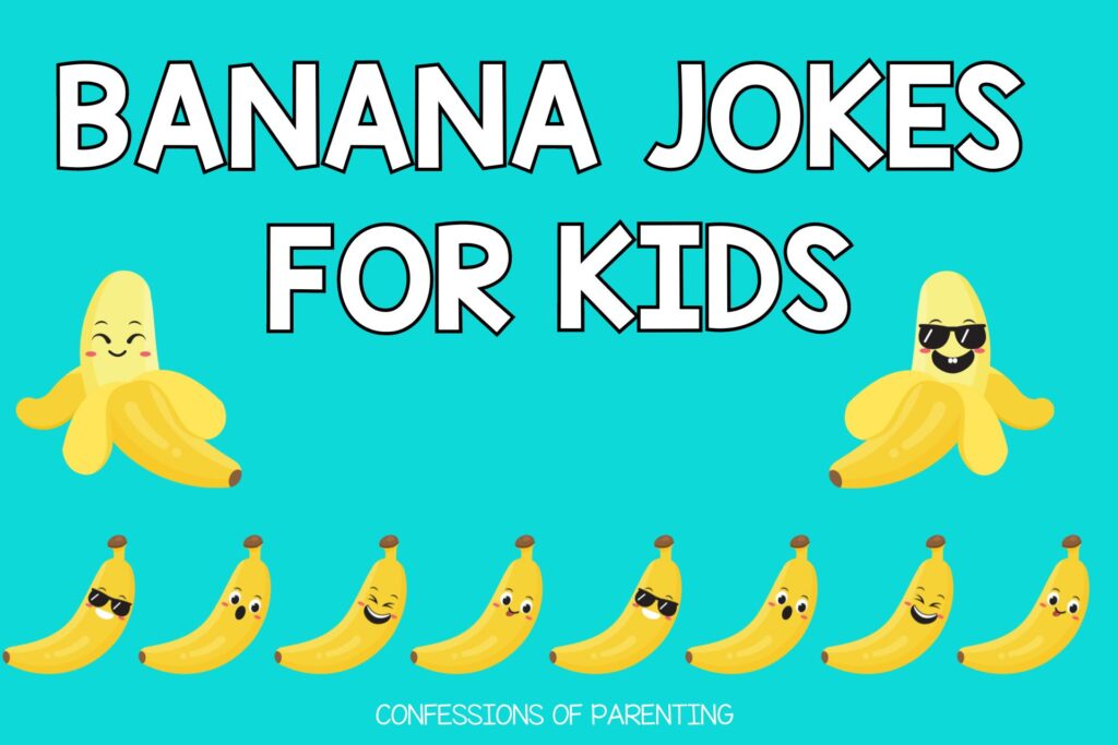 lots of funny yellow bananas with emoji faces on a turquoise  background with white text that says banana jokes for kids