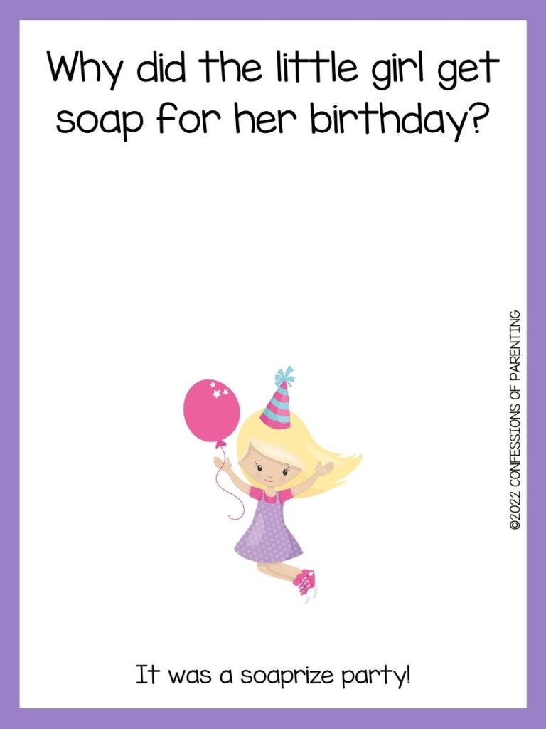 Birthday girl with a purple border and a birthday joke.