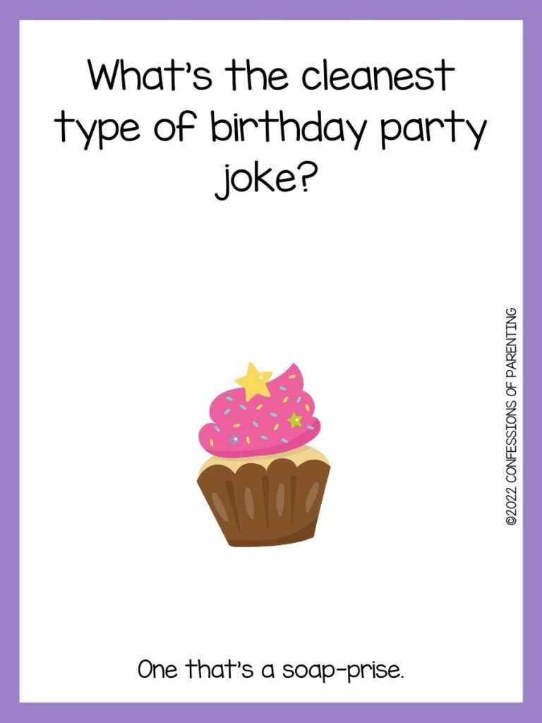 Birthday cupcake with a purple border and a birthday joke.